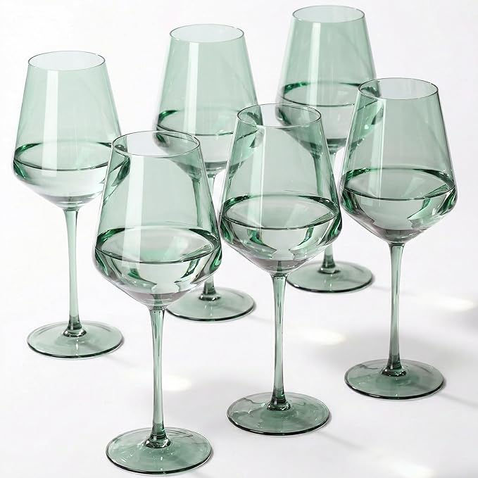 Green Wine Glasses Set of 6, Handblown Colored Wine Glasse,Green Coloful Glassware，17OZ for Red or White Wine