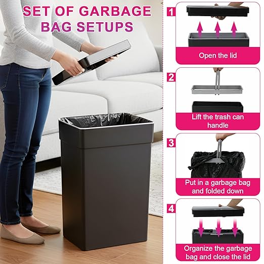 PayLessHere 13 Gallon 50 L Trash Can with Lid Plastic Kitchen Trash Bin Automatic Touch Free Motion Sensor Trash Can (4, Black)