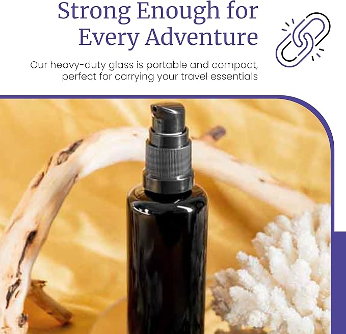 Infinity Jars 50 Ml (1.7 fl oz) Refillable Ultraviolet Black Glass Pump Bottles Leak-Proof Travel Containers for Toner, Sanitizer, Beard Oil, Hair Serum, Essential Oils