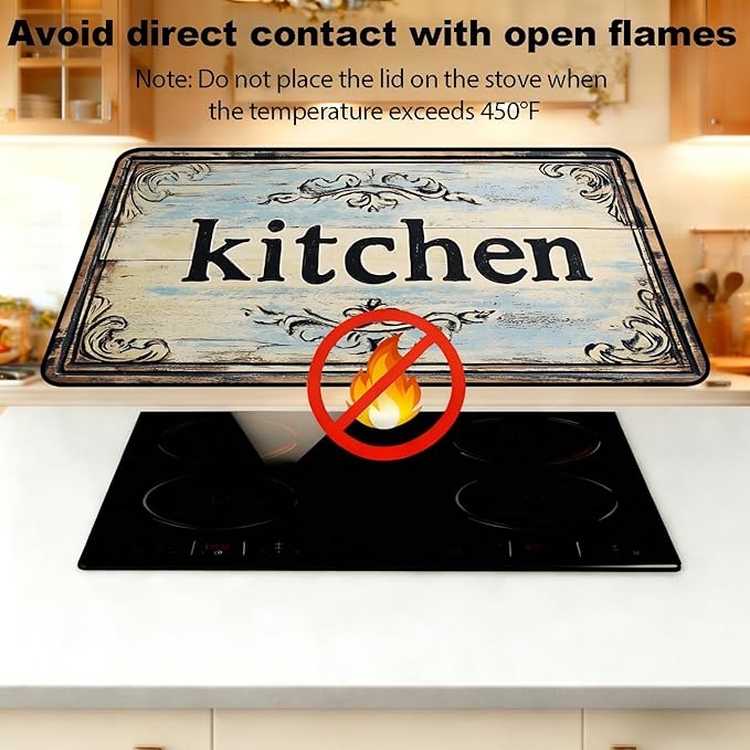 Stove Top Cover for Electric Stove, Vintage Farmhouse Style Glass Cooktop Protector, Multi-functional Kitchen Counter & Washer Top Cover