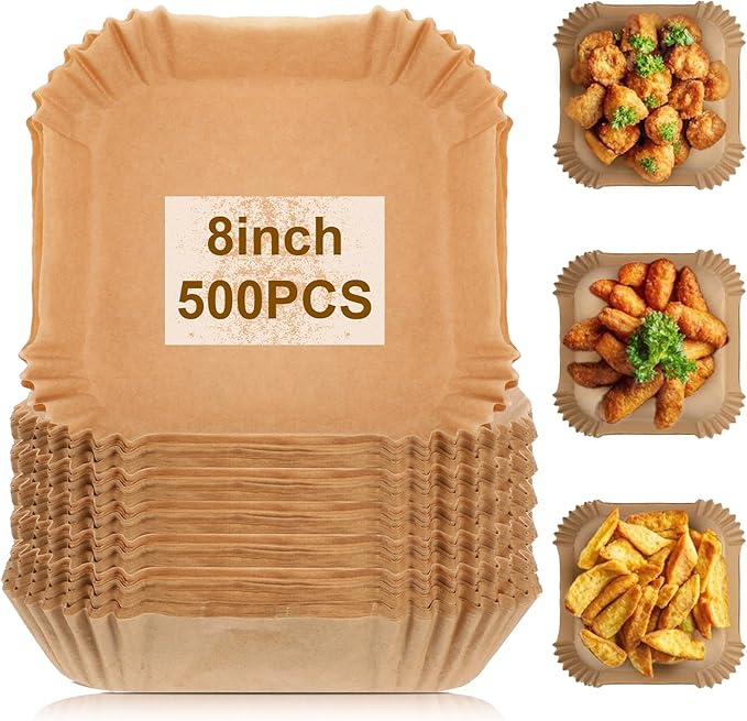 500 Pcs Air Fryer Paper Liners, 8” Square Disposable Parchment Paper Liner for 5-8 QT Air Fryer, Non-Stick, Oil Proof Unbleached Airfryer for Baking, Roasting Microwave