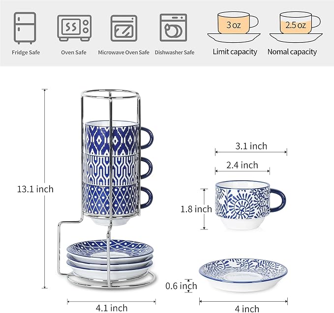 Selamica Ceramic Espresso Cups with Saucers and Metal Stand, 2.5 OZ Stackable Demitasse Cups for Espresso Latte Café Mocha, Set of 4, Vintage Blue