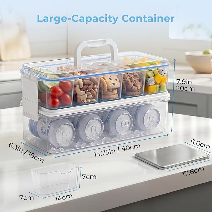 Homelove Snackle Box Container, Snack Organizer Divided Serving Tray with 2 Stainless-Steel Ice Packs, Lid with Handle, Double-layer Tray and 5-Compartment Snack Platter for Travel Party Beach Picnic