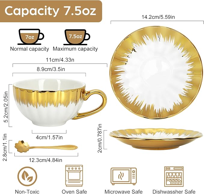 Cappuccino Cups with Saucers, 8 oz Ceramic Coffee Cup Set of 6, Espresso Cups with Sakura Spoons, Porcelain Tea Coffee Mugs for Specialty Coffee Gift, Microwave and Dishwasher Safe
