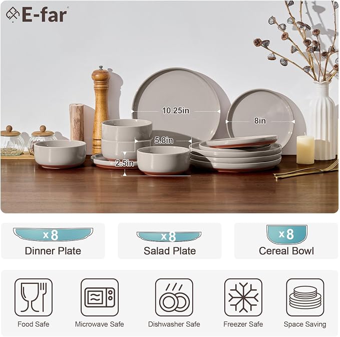 E-far 24-Piece Ceramic Dinnerware Sets, Plates and Bowls Sets for 8, Stoneware Dishware Dishes Set with Terracotta Base, Chip & Scratch Resistant, Microwave & Dishwasher Safe, Speckled Khaki