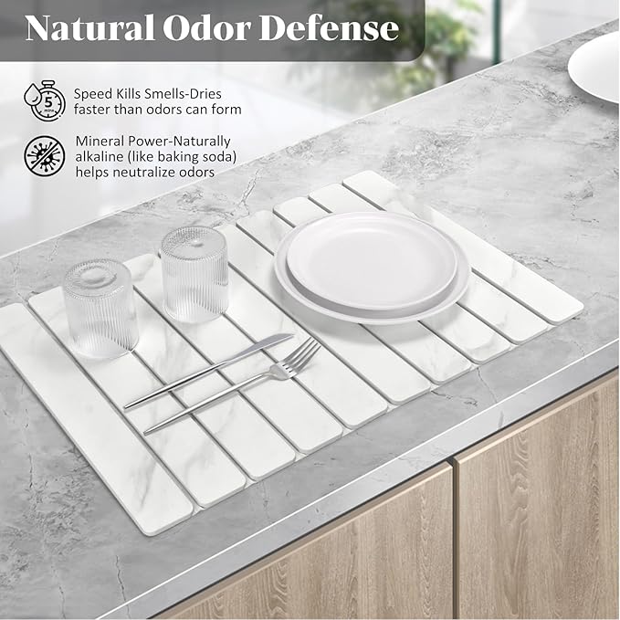 Large Stone Dish Drying Mats for Kitchen Counter, 24"(L)×16"(W) Marble-Pattern Dish Drying Mat, Eco-Friendly Absorbent Diatomaceous Earth Mats for Dishes Bottles Cups, Match Any Countertop