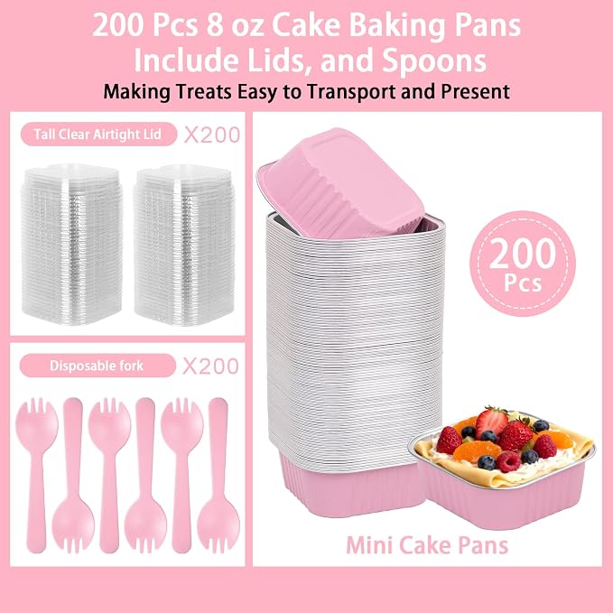 200 Pack 8 oz Pink Square Mini Cake Pans with Lids, Aluminum Foil Square Brownie Baking Cups for Ramekins Muffin Cupcake Wedding Birthday Party