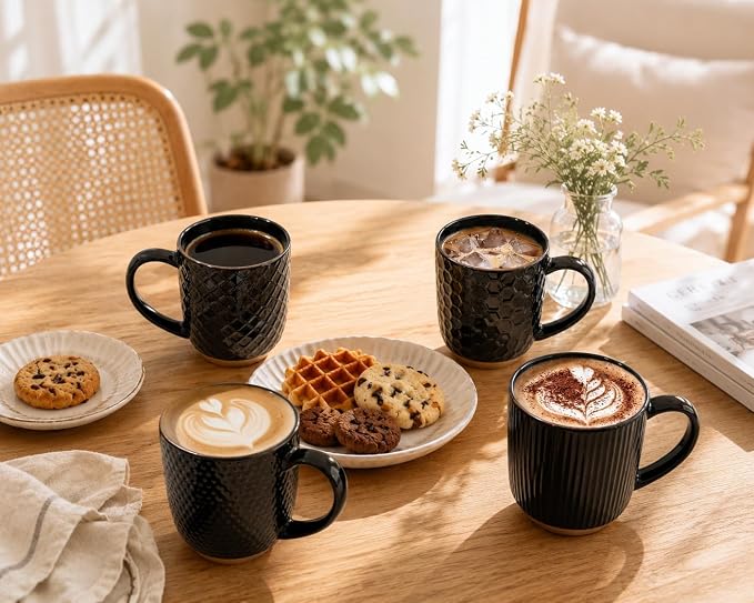 GBhome Large Coffee Mugs Set of 4, 16oz Handmade Embossed Coffee Mugs Set with Large Handle for Cappuccino/Latte/Tea/Hot Cocoa, Dishwasher & Microwave Safe, Black
