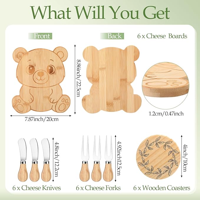Honeydak 49 Pcs Bear Baby Shower Prizes for Game Players 6 Sets Bear Shaped Bamboo Cheese Board Fork Knives Coasters Towel Potted Plant Thanks Card Gift Bag for Baby Bridal Shower Wedding Favors