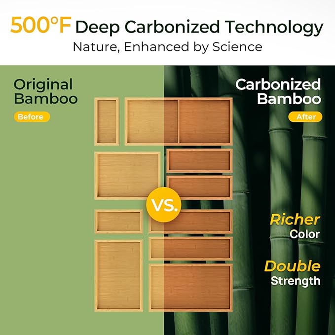 keechee Carbonized Bamboo Kitchen Drawer Organizer (Bundle: 10pc Organizers Set)