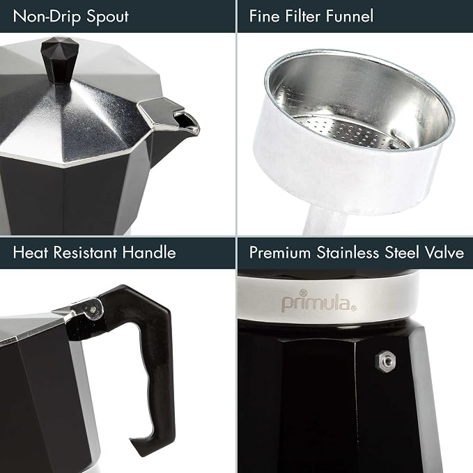 Primula Classic Moka Pot Stovetop Espresso and Coffee Maker, Italian and Cuban Cafetera for Rich Espresso Brewing, Durable Aluminum Greca Coffee Maker with Easy Grip Handle, 6-Cup, Black