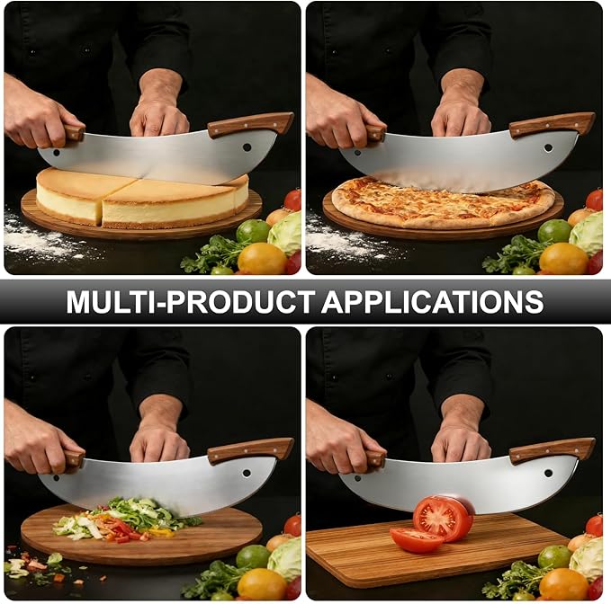 20-Inch Pizza Rocker Blade Cutter, Stainless Steel with Double Wooden Handles, Professional Pizza Slicer (Silver)
