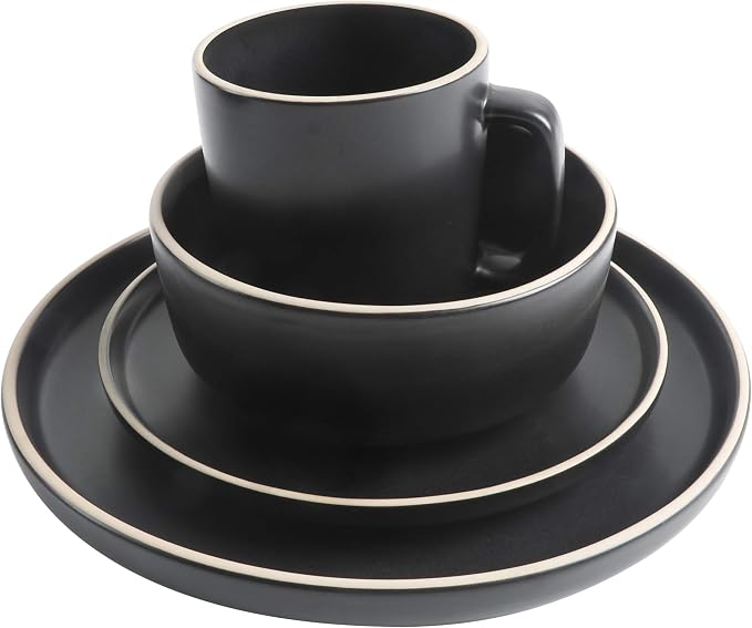 Gibson Home Zuma 16 Piece Round Kitchen Dinnerware Set, Dishes, Plates, Bowls, Mugs, Service for 4, Matte Stoneware, Black