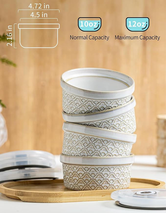 12 oz Ramekins with lids Oven Safe, Ceramic Creme Brulee Ramekins with Covers, Cute Ramekin Sets, Small Serving Baking Bowls food storage containers set of 4, Beige Cloud