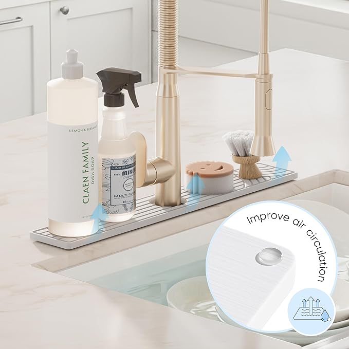 Faucet Mat for Kitchen Sink, Water Absorbing Stone Tray for Sink, 23.6" Long Diatomite Fast Drying Stone Mat, Splash Guard Faucet Mat for Bathroom Counter
