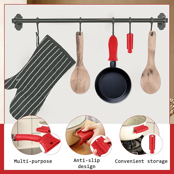 Honeydak 12 Pcs Silicone Trivet Mat and Silicone Hot Handle Holder Pack Multipurpose Non Slip Pot Holders Pot Handle Covers Heat Resistant for Kitchen Potholders Hot Dishes Jar Opener (Red)