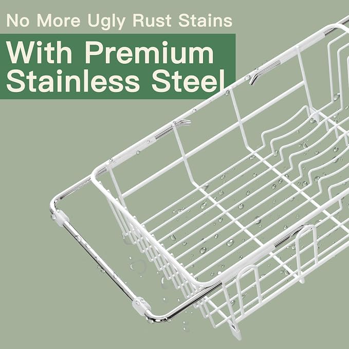 MAJALiS White Dish Drying Rack Over The Sink with Utensil Holder | Expandable Stainless Steel Dish Drainer for Small Kitchen, Apartment, RV, Counter Space Saving, Perfect Fit, Rustproof