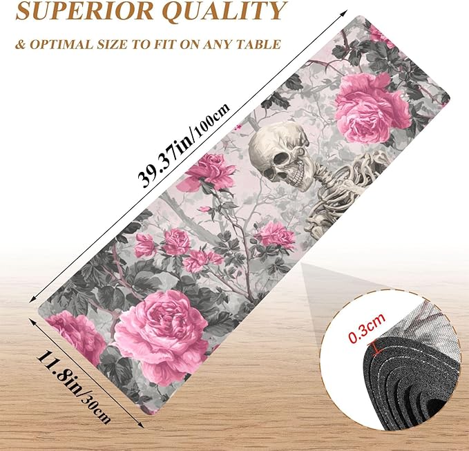 2 in 1 Table Runner Trivet for Hot Pots and Pans Heat Resistant Non Slip Waterproof 39 x 12 Inch Decorative Table Protector for Kitchen Countertop Grey Skull and Pink Rose