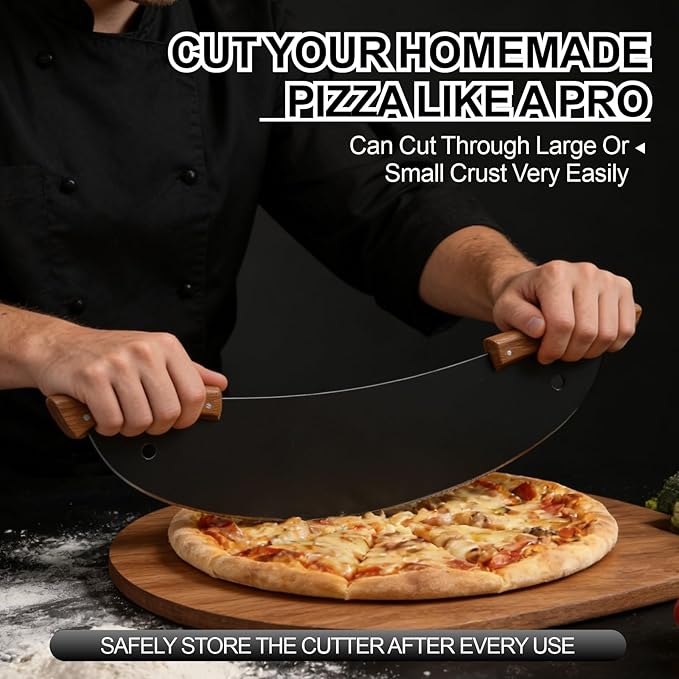 20-Inch Pizza Rocker Blade Cutter, Stainless Steel with Double Wooden Handles, Professional Pizza Slicer，Black