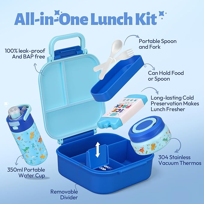 Itslife Bento Lunch Box for Kids Set, insulated food container, 7 oz thermos for hot food, 12 oz thermos water bottle, Reusable Insulated Ice Bag & Fork Spoon Utensils Camping Travel Blue-KL