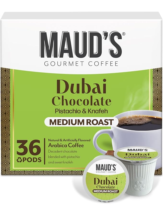 Maud's Dubai Chocolate Flavored Coffee Pods, 36 ct, Medium Roast Flavored Coffee in Single Serve Pods – 100% Arabica Beans, Compatible with Keurig K Cups Maker