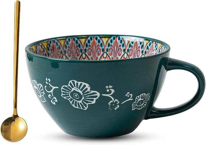 Boho Ceramic Coffee Mug Bohemian Style 15 oz/ 450ml Large Cups - Porcelain Cups for Latte, Tea, Cappuccino, Cocoa, Soup, Dishwasher Microwave Safe, Gift Set Bohemian Style (Green)