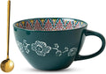 Boho Ceramic Coffee Mug Bohemian Style 15 oz/ 450ml Large Cups - Porcelain Cups for Latte, Tea, Cappuccino, Cocoa, Soup, Dishwasher Microwave Safe, Gift Set Bohemian Style (Green)