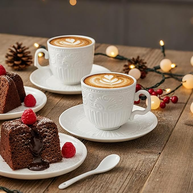 ZAVOOS Tea Cup and Saucer Set of 6, 6 Oz Small Vintage Porcelain Tea Cup with Spoon, Unique Embossed Floral Cappuccino Cups Sets for Latte, Cafe Mocha, Tea Party Decoration, Dishwasher Safe