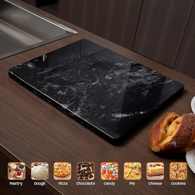 Black Marble Cutting Board For Kitchen, 16x20 Inch Large Marble Slab Pastry Board With Non-Slip Feet For Baking, Cheese, Charcuterie, Chocolate