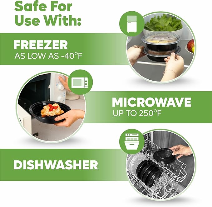 GUSTO [24 oz - Case of 150 Round Meal Prep Containers with Lids – Reusable, Microwaveable, Dishwasher & Freezer Safe, BPA-Free Food Storage Containers for Portion Control (Formerly Comfy Package)