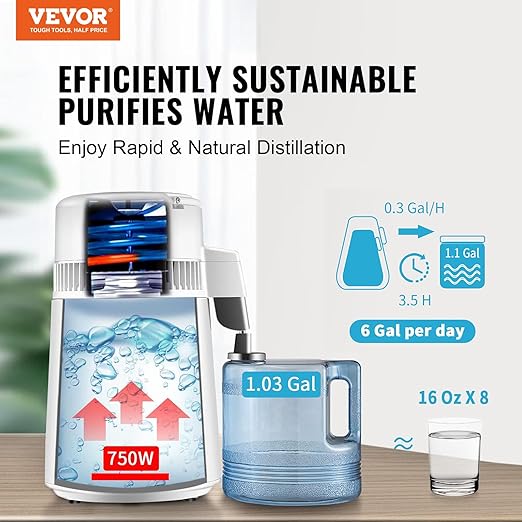 VEVOR 1.1 Gallon Water Distiller, 750W, BPA Free Container Countertop | Plastic Container, Button Control, Countertop Distilled Water Maker for Home, White