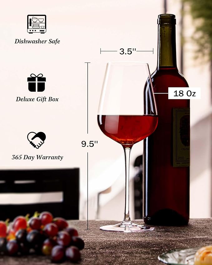 JBHO Hand Blown Italian Style Crystal Bordeaux Wine Glasses - Great Gift Packaging - Red Wine Glasses Lead-Free Premium Crystal Clear Glass - Set of 4-18 Ounce