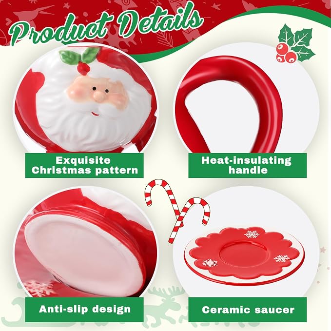 Sieral 6 Sets Christmas Santa Cups and Saucers Ceramic Beverage Drinking Mugs Red Espresso Santa Christmas Coffee Mugs for Cafe Tea Kitchen Holiday Decorations(Snowflake Style)