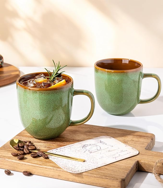 LERATIO Ceramic Coffee Mugs Set of 6,12oz Handmade Coffee Mugs Set with Large Handle for Cappuccino/Latte/Tea/Hot Cocoa, Dishwasher & Microwave Safe-Sage Meadow Green