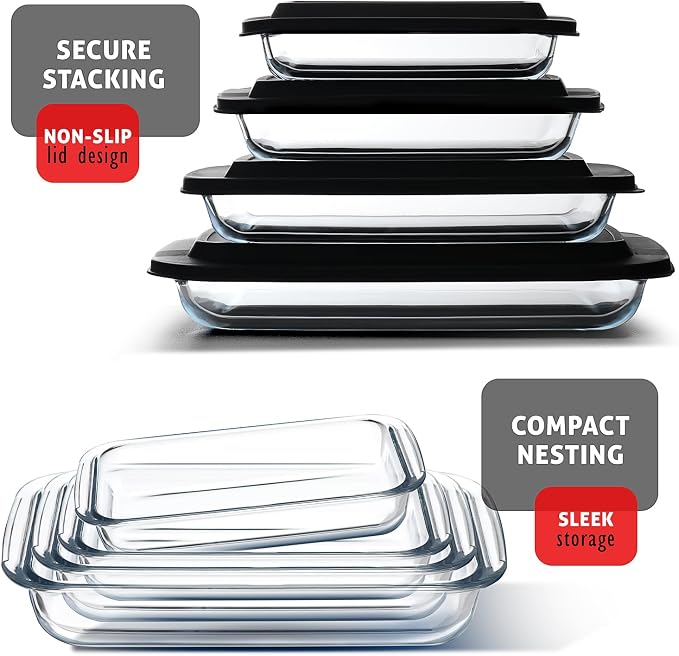 Nestl 8pc Glass Baking Dishes for Oven, Glass Food Storage Containers with Lids, Leakproof Casserole Dishes for Oven with Lid, Cooking, Microwave Oven Freezer Safe Bakeware, 9x13 Lasagna Pan Black