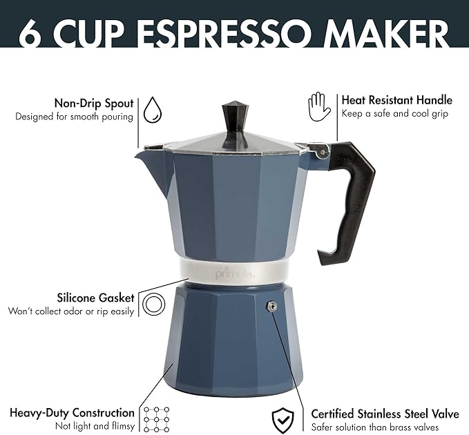 Primula Classic Moka Pot Stovetop Espresso and Coffee Maker, Italian and Cuban Cafetera for Rich Espresso Brewing, Durable Aluminum Greca Coffee Maker with Easy Grip Handle, 6-Cup, Blue