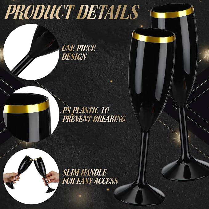 Domensi 40 Pcs Champagne Flutes Bulk 6 oz Christmas Acrylic Wine Glasses Toasting Goblet Unbreakable Plastic High Stem Champagne Cups for Wedding Birthday Party (Black and Gold)