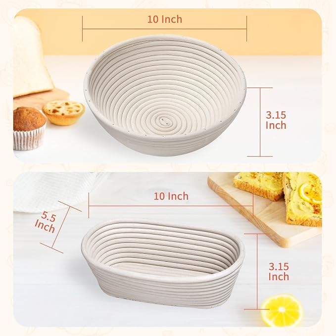 PeacePeo 10 Inch Round & Oval Sourdough Proofing Basket Set, Banneton Bread Proofing Basket with Starter Jar, Sourdough Starter Kit Includes Bread Knife & Bread Board Natural Rattan for Perfect Loaves