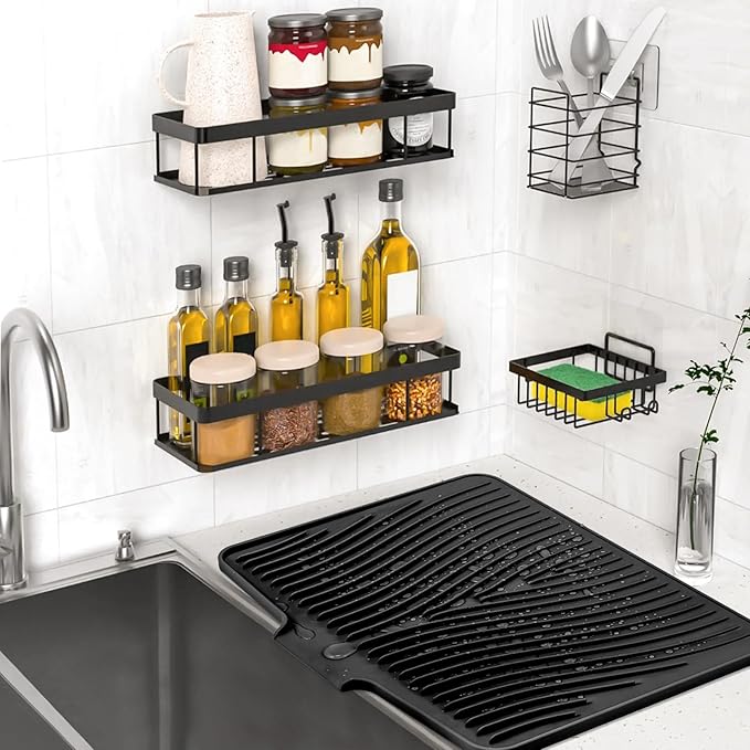 TIKNIK Silicone Dish Drying Mat, Stone Drying Mat for Kitchen Counter with Built-In Drain, Non-Slip Drain Pad with Built-in Drain, Heat Resistant Stone Drying Mat, Hangable, Black-2pcs, 20" x 15"