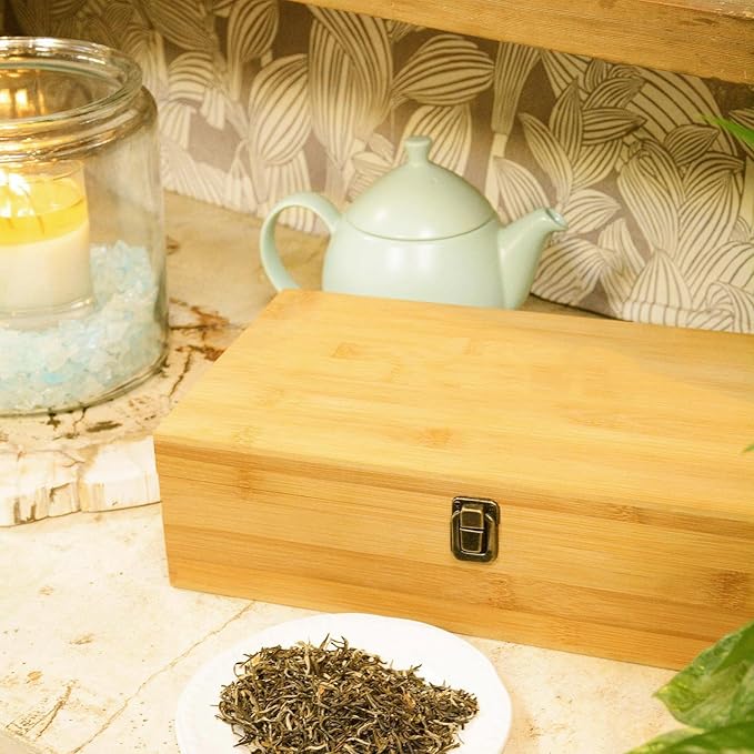 Bamboo Tea Organizer Box Chemical Free Eco-Friendly Big, Tall, Adjustable Cubbies Natural Wooden Storage Chest (8-Slot 14.3" x 8.1" x 4.2" Blank)