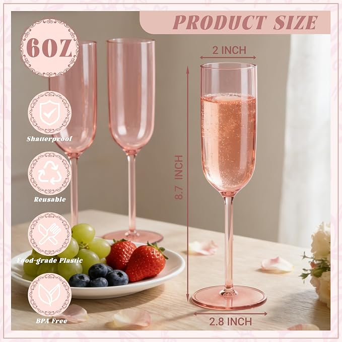 Plastic Champagne Flutes Set, 6oz Unbreakable Champagne Glasses Bulk, Shatterproof Reusable Mimosa Prosecco Sparkling Wine Cups for Wedding Party (Rose Gold, 24pcs)