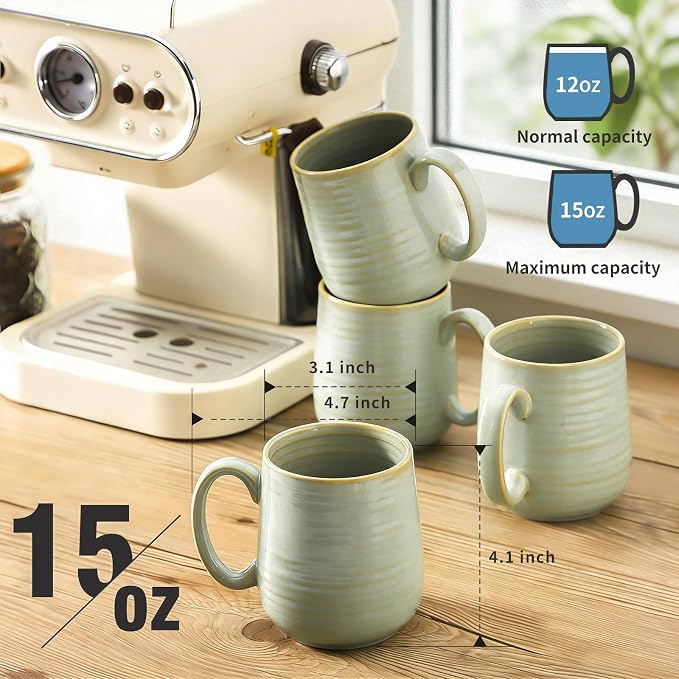 Coffee Mugs Set of 4, 15 Ounce Ceramic Coffee Cups with Handle, Large Mug Set for Latte, Tea, Chocolate, Modern Cup Gift for Men and women, Dishwasher & Microwave Safe,Sage Green