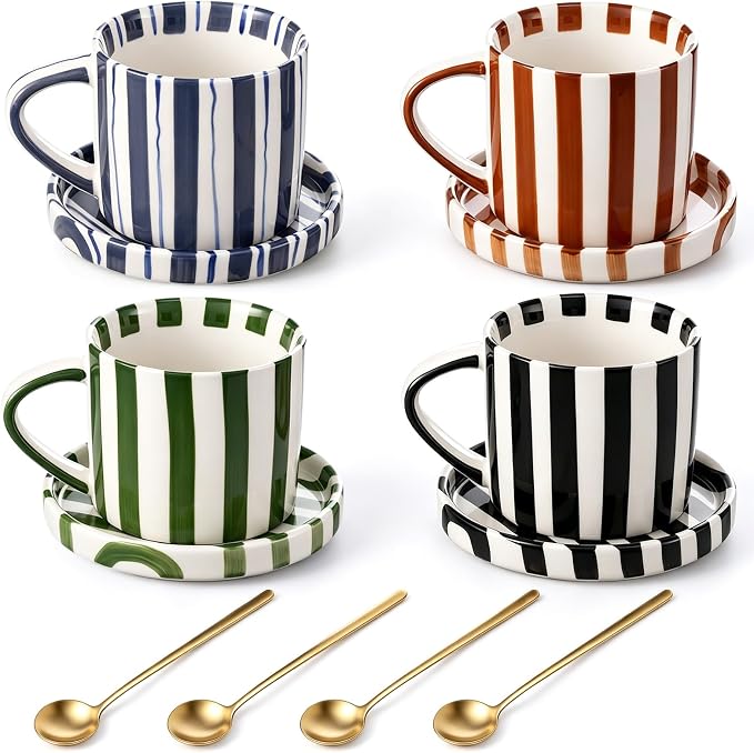 Unittype 8oz Cappuccino Cups Set of 4 with Saucer and Gold Spoons Ceramic Retro Hand Painted Striped Coffee Mugs with Handle, 4 Colors Art Cup, Dishwasher & Microwave Safe for Espresso, Latte