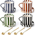 Unittype 8oz Cappuccino Cups Set of 4 with Saucer and Gold Spoons Ceramic Retro Hand Painted Striped Coffee Mugs with Handle, 4 Colors Art Cup, Dishwasher & Microwave Safe for Espresso, Latte