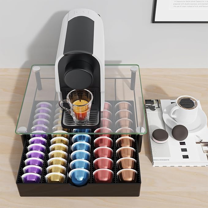 gianotter Crystal Tempered Glass Vertuo Pod Holder Drawer, Compatible with Nespresso Vertuo Capsules, Compatible with 40 Large or 60 Small Nespresso Capsule Organizer (transparent)