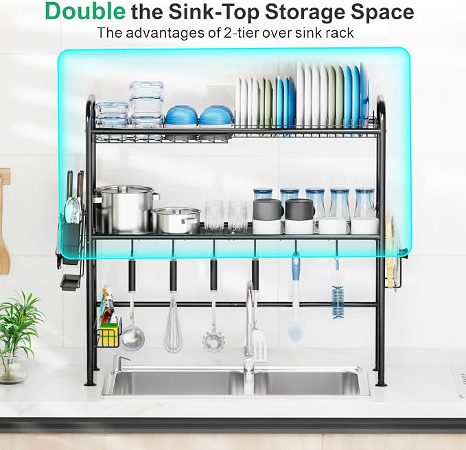 GSlife Over The Sink Dish Drying Rack, 2 Tier Above Sink Dish Drainer Drying Rack with Utensil Holder for Kitchen Counter, Rustproof Kitchen Plate Organizer, Black