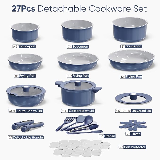 CAROTE 27pcs Ceramic Cookware Set Nonstick, Pots and Pans Set Non Stick, Non Toxic Cookware Detachable Handles, Dishwasher/Oven Safe, RV/Camping Cookware with Kitchen Utensils, Blue