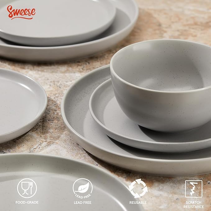 Sweese Dinnerware Sets Service for 4, 12 pcs Matte Speckled Glaze Plates and Bowls Sets, Handmade Ceramic Dish Set, Highly Chip and Crack Resistant Modern Plate Set, Grey