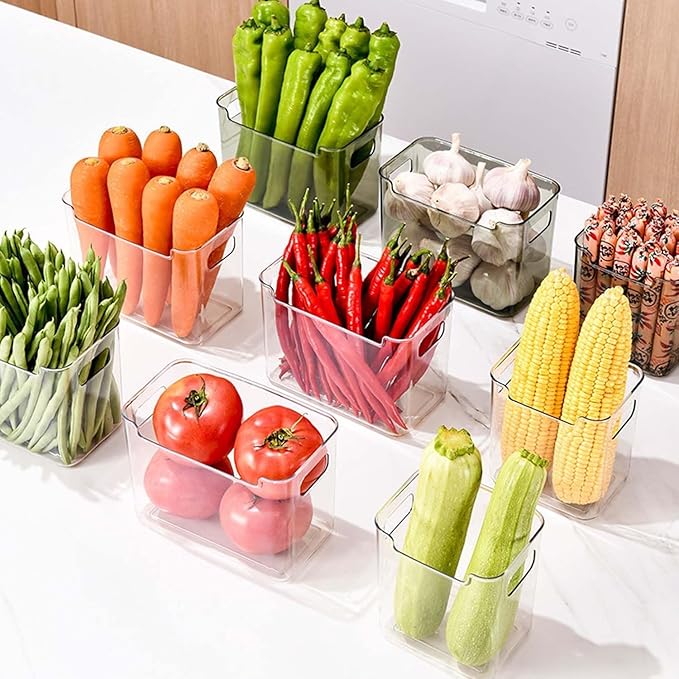 Crystal Clear Freezer Storage Bins - 4 Pack Stackable Freezer Organizer Bins, Clear Plastic Kitchen Cabinet Organizer for Meat, Veggies & Fruit (Green, 8pcs-L)
