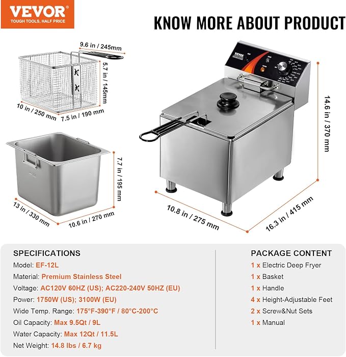 VEVOR Commercial Deep Fryer, 1750W Electric Countertop Fryer with Basket & Height-Adjustable Feet, 12Qt / 11.5L Stainless Steel Single Oil Fryer, Temp Control, Overheat Protection, for Restaurant Use
